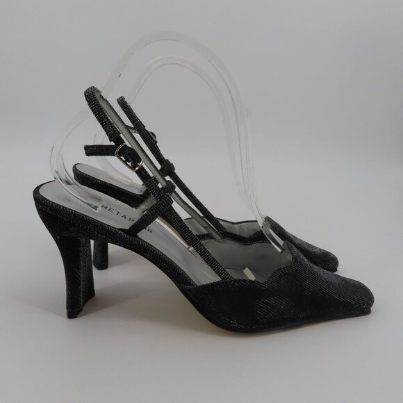 VTG Metaphor Women 9 M DAWN Black Silver Metallic Strappy Square Toe Heels Shoes - Picture 7 of 12